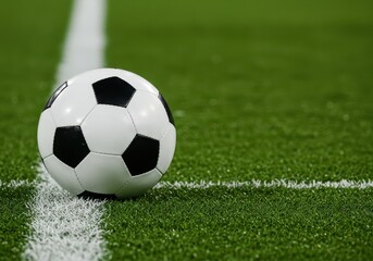 Close-up of a soccer ball on green grass next to a white line marking the field border