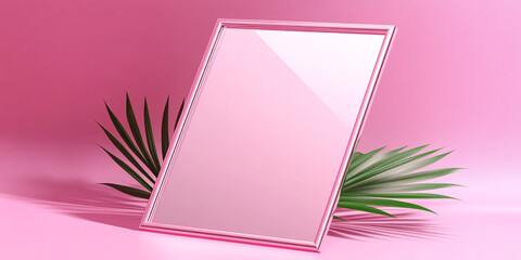 Pink frame mockup with tropical leaves on a pink background.