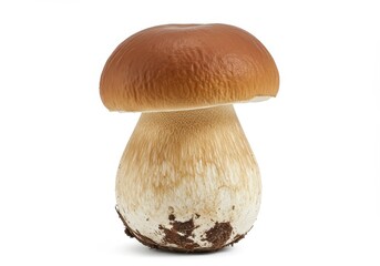 Single porcino mushroom with brown cap and thick stem isolated on a white background