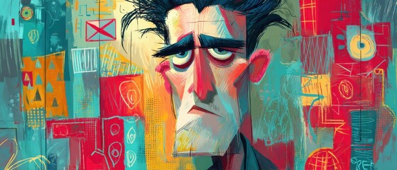 Expressive digital painting of a thoughtful adult man with colorful abstract background, conveying introspection and artistic creativity