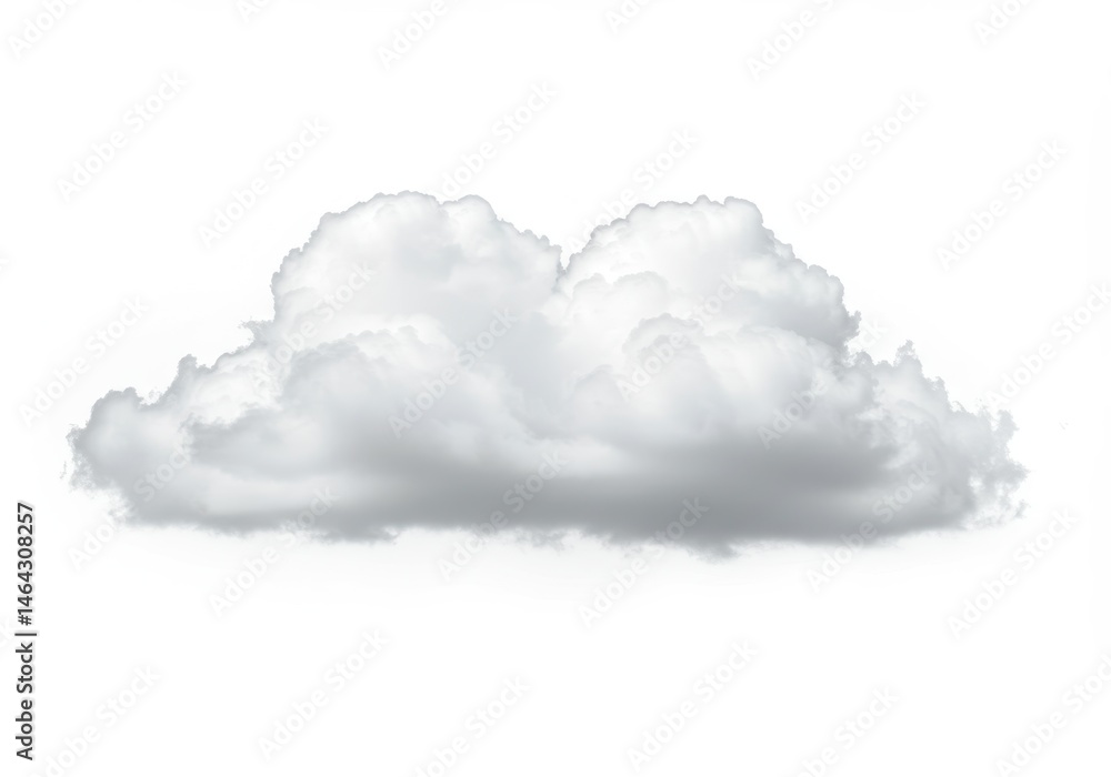 Poster fluffy cumulus cloud with soft edges floating against a clean white background in a simple compositi