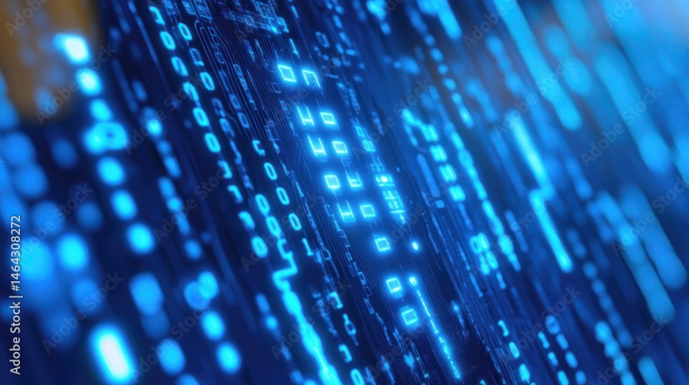 Poster abstract digital matrix: binary code streaming in electric blue
