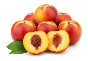 Pile of fresh nectarines with one cut in half revealing the pit and two leaves on a white background