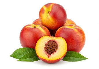 Arrangement of several ripe nectarines, one cut in half, with green leaves on a white background