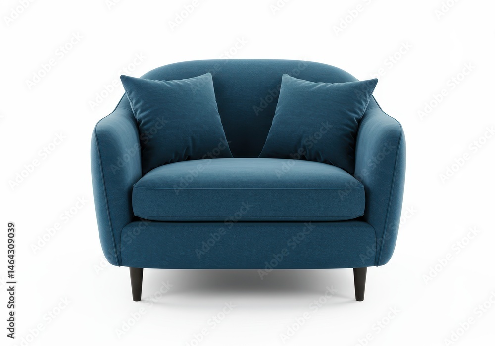Poster modern blue armchair with two matching pillows on a white background in a studio setting