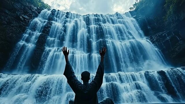 Majestic waterfall display captivates onlookers with powerful cascading waters and serene atmosphere