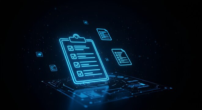 Digital checklist concept with neon blue glowing icons representing task completion and progress