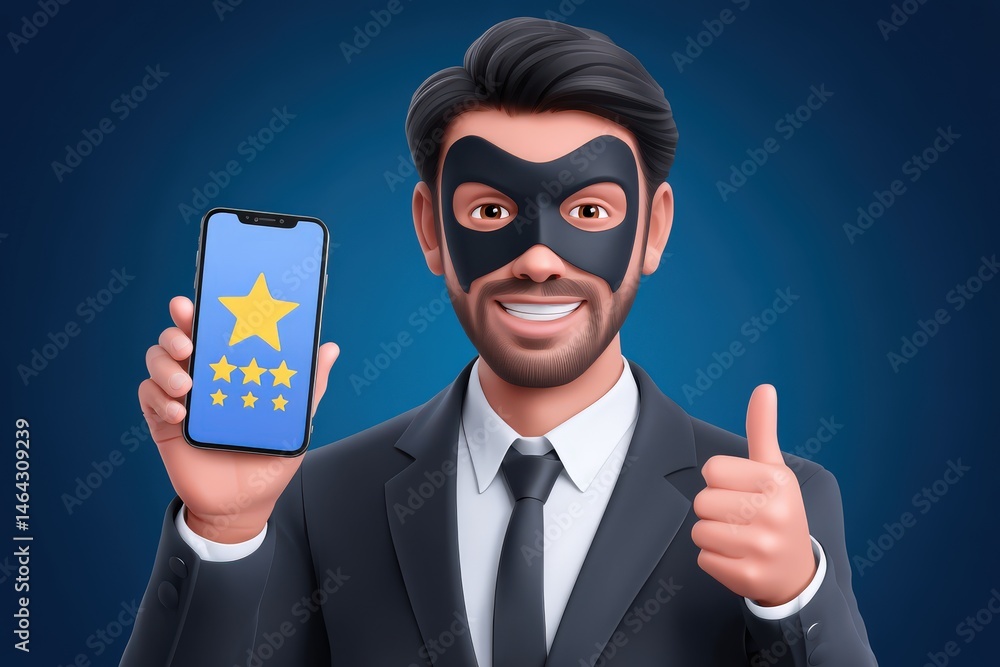 Poster confident businessman showing smartphone with rating stars expressing customer satisfaction while we