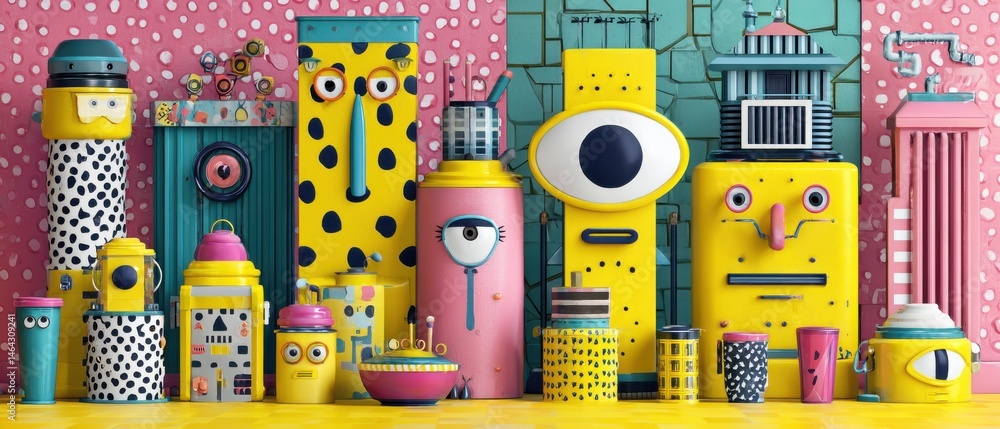Poster colorful whimsical robot characters with big eyes and quirky designs in a playful and imaginative st