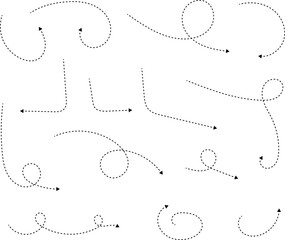 Hand drawn dotted arrows. Hand drawn freehand different curved lines, swirls arrows. Curved arrow line. Doodle, sketch style.