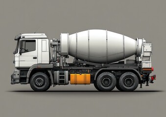 Concrete mixer truck, construction site, side view, grey background, building industry