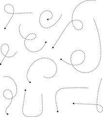 Hand drawn dotted arrows. Hand drawn freehand different curved lines, swirls arrows. Curved arrow line. Doodle, sketch style.