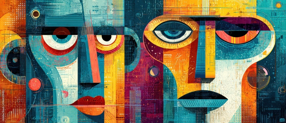 Poster abstract digital art featuring two stylized faces with vibrant colors and geometric shapes, creating