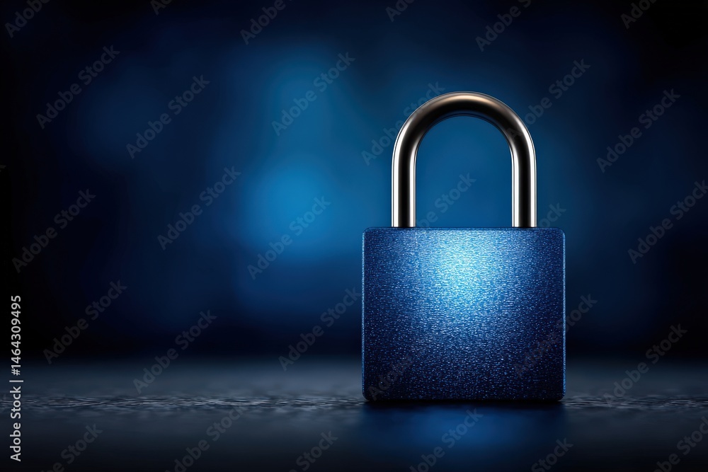 Poster blue padlock symbolizing security and trust on a dark background with reflective surface emphasizing