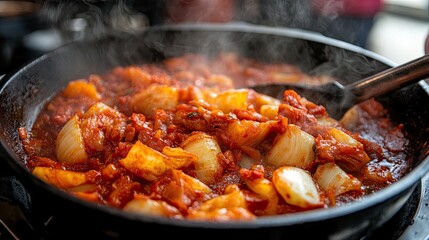 Kimchi sizzling with light browning on edges in cast iron skillet