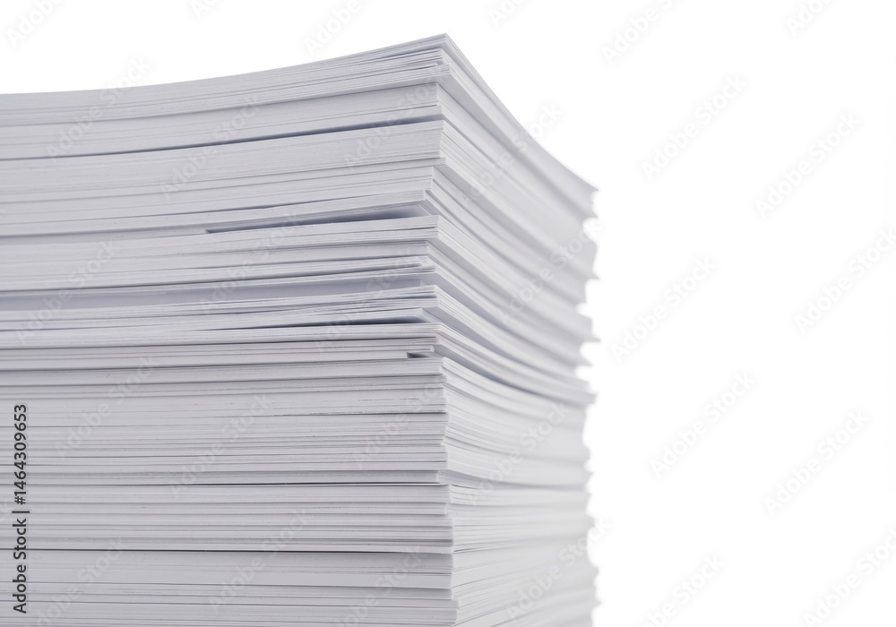 Poster stack of white paper sheets piled high against a blank background in a close-up shot