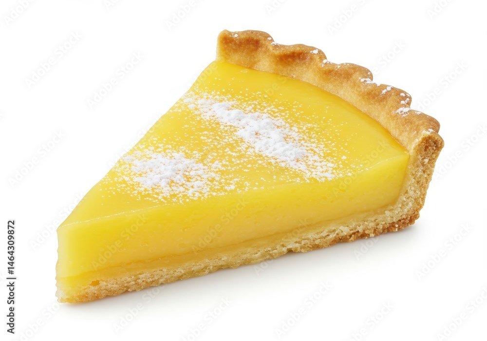 Poster a slice of lemon tart with a flaky crust and powdered sugar on a white background, presented in a mi