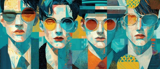Four stylish young men wearing colorful sunglasses in a vibrant abstract geometric portrait Concept of fashion, art, and modern design