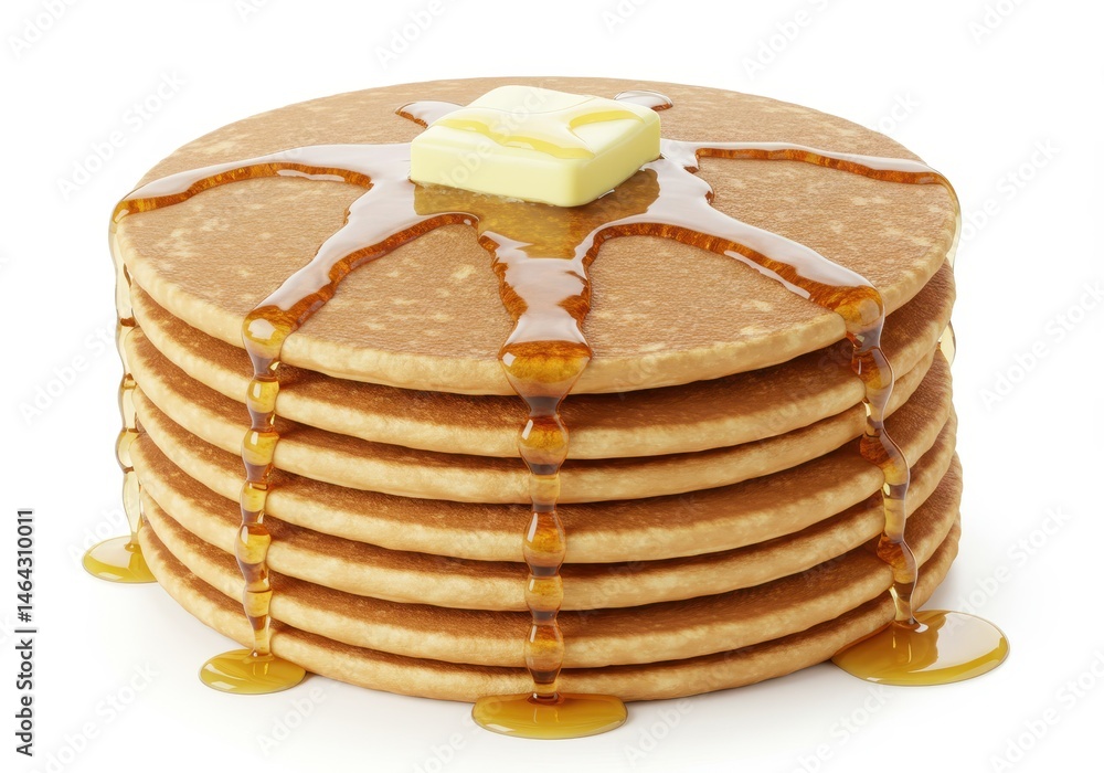 Poster stack of pancakes topped with butter and syrup dripping down the sides on a white background