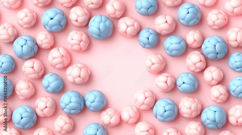 Poster close-up of many small blue and pink spheres with textured surfaces arranged on a pastel pink backgr