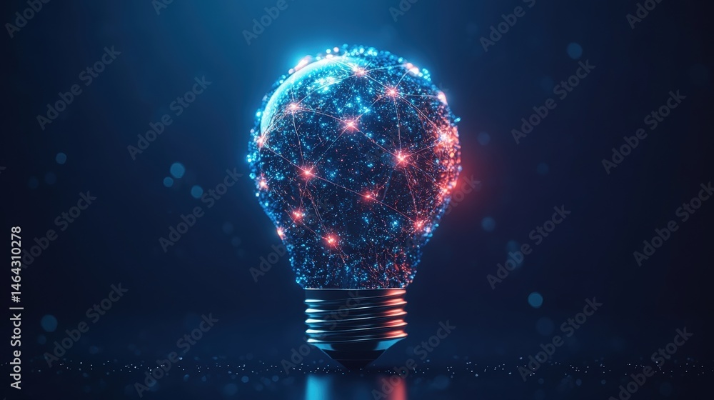 Poster creative digital illustration of a glowing lightbulb composed of interconnected illuminated points a
