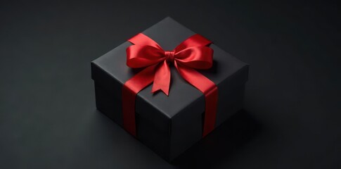 Obraz premium Black gift box, satin ribbon bow, tag Top view, black background , christmas, simple, bow