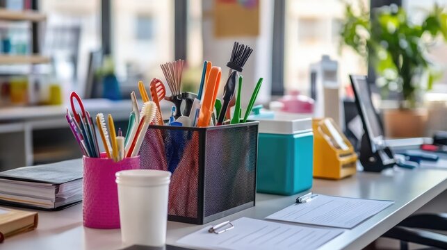 Office cleaning checklist next to organized cleaning tools