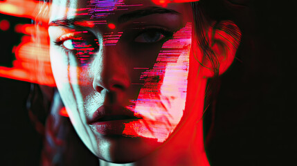 Woman face close up. Red and blue lights flicker across skin AI generative