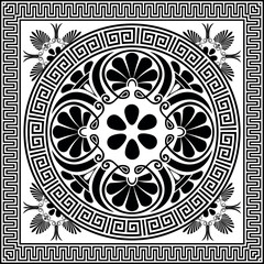 Greek vector square seamless pattern. Greek key meanders, floral ornaments. Black and white classic Greek square ornament, Ornamental greek key meanders, frames, borders, frames. Ornate greek style
