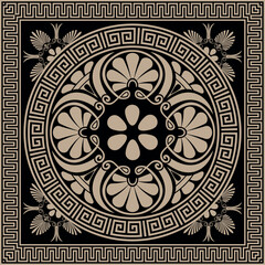Greek vector seamless pattern. Greek key meanders, floral ornaments. Golden black classic Greek square ornament, Ornamental greek key meanders, frames, borders, frames. Ornate greek style background.