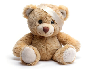 Obraz premium Teddy bear with bandage isolated on white background.