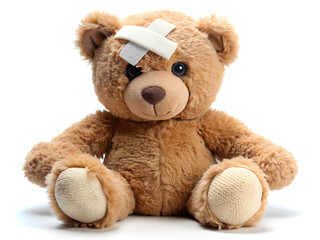 Obraz premium Teddy bear with bandage isolated on white background.