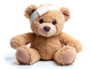 Obraz premium Teddy bear with bandage isolated on white background.