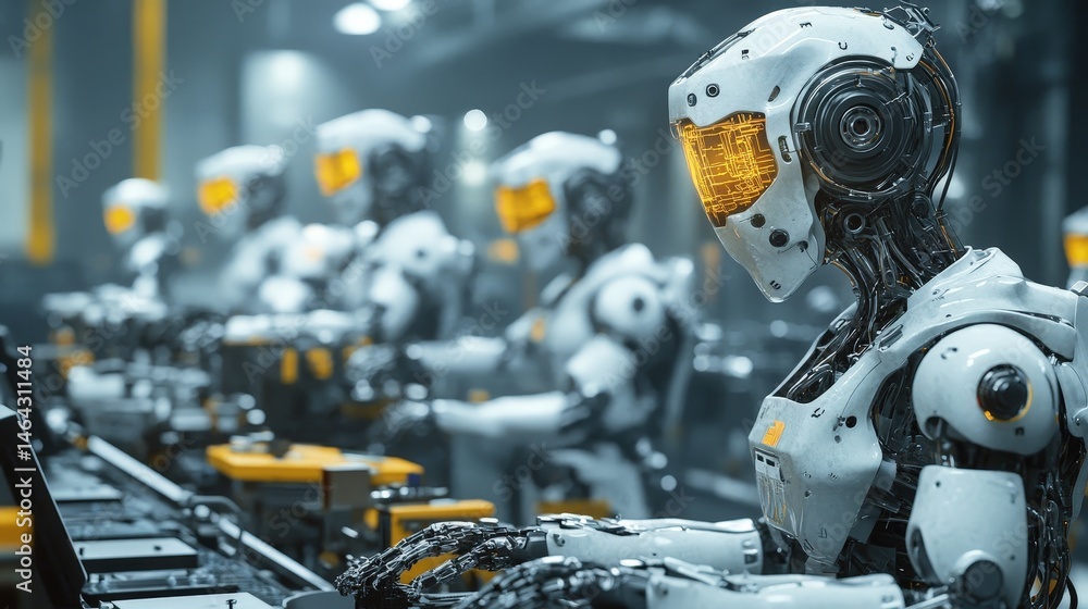 Poster ai workers in a factory setting, overseeing the assembly line, adjusting machinery, and optimizing p