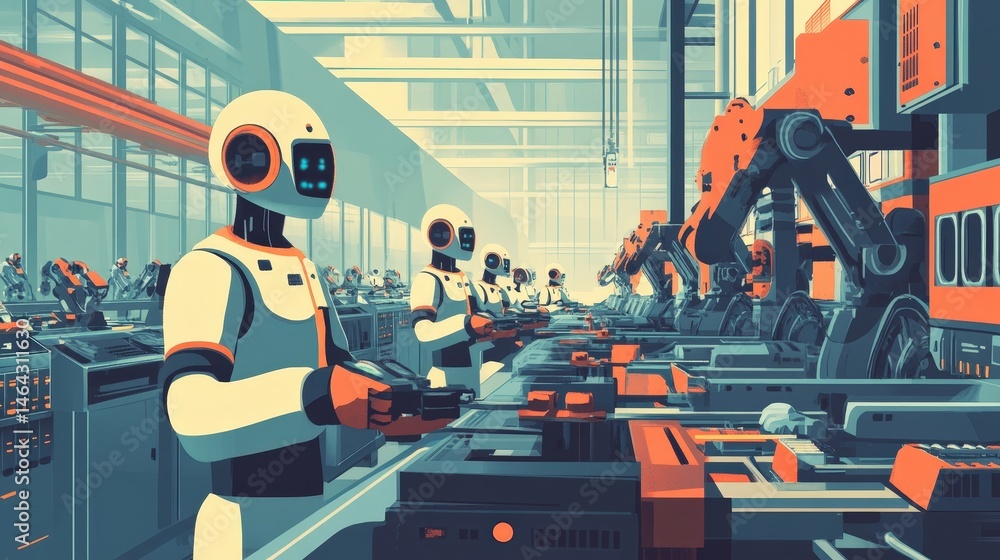 Poster ai workers in a factory setting, overseeing the assembly line, adjusting machinery, and optimizing p