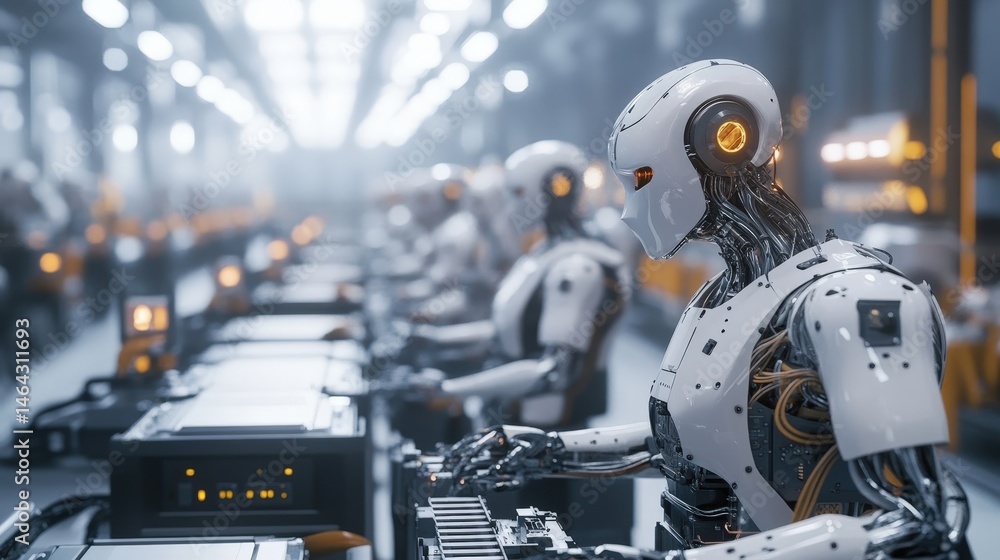 Poster ai workers in a factory setting, overseeing the assembly line, adjusting machinery, and optimizing p