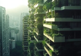 A high-rise residential building with abundant greenery on balconies, surrounded by other urban buildings and distant mountains under sunlight.