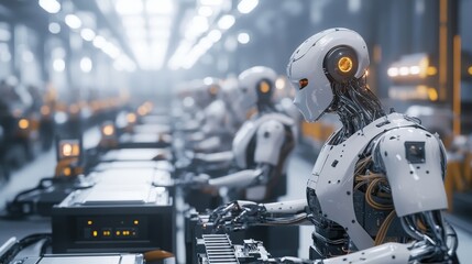 Fototapeta premium AI workers in a factory setting, overseeing the assembly line, adjusting machinery, and optimizing production processes through real-time data analysis and automation