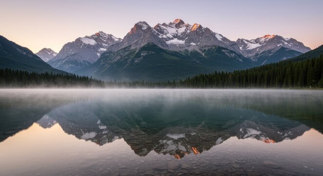 A clear mountain lake reflects the surrounding peaks, creating a mirror-like, serene and breathtaking natural landscape.

