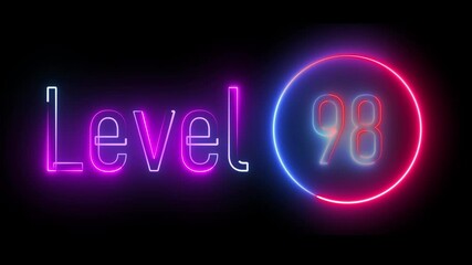 Neon 'level 98' sign in a dazzling array of colors with a glowing circular outline. Perfect for dynamic gaming visuals, futuristic animations, and creative media content. - Powered by Adobe