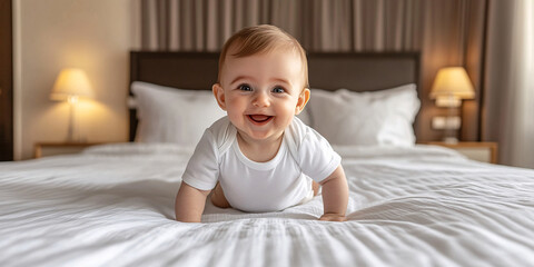 Fototapeta premium A happy baby crawling on a bed, pure joy and innocence captured in a heartwarming image.