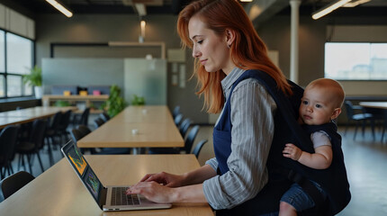 Working mother multitasking with baby in office setting