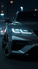 Close up of a modern car with glowing headlights parked at night in an urban environment setting