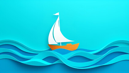 paper-cut style sailboat with white full sails at flag, on a sea of blue waves, travel illustration