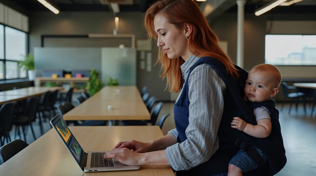 Working mother multitasking with baby in office setting