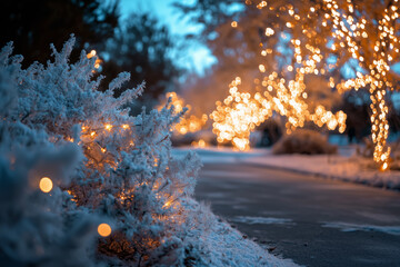 Enchanted winter evening with twinkling lights and frost
