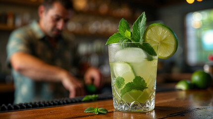 Refreshing mojito cocktail with mint and lime on a wooden bar