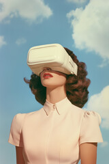 Retro futuristic woman in virtual reality glasses against cloudy sky