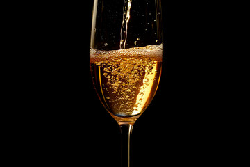Bubbles and golden hue in a glass of champagne