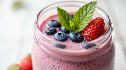 Fresh berry smoothie in a jar with mint on SIBO diet